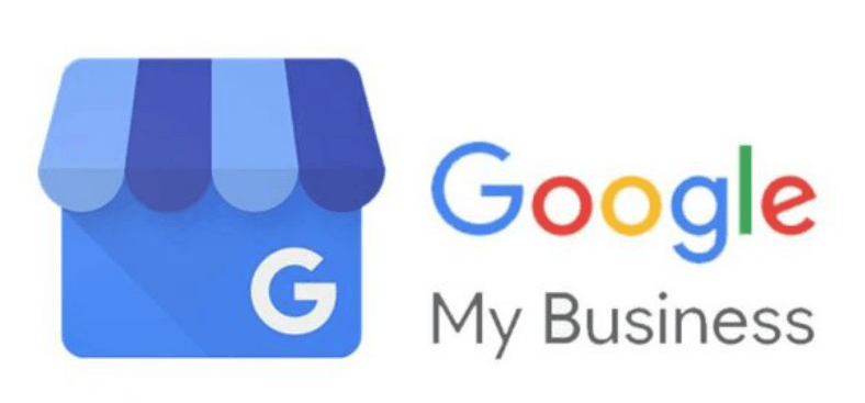 Logo Google My Business z niebieskim daszkiem na białym tle.