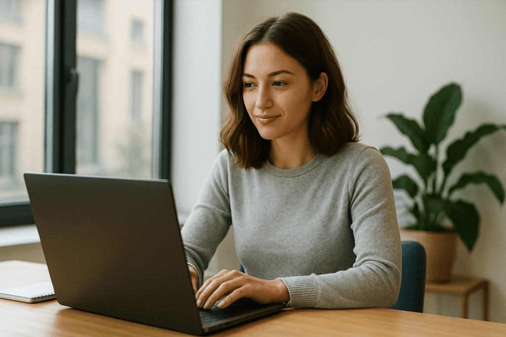 młoda kobieta pracująca przy laptopie