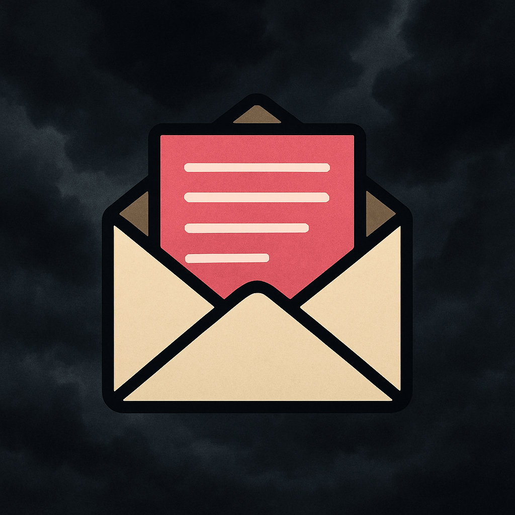 Ikona otwartej koperty z różowym listem na tle ciemnych, burzowych chmur, symbolizująca tajemniczą lub dramatyczną wiadomość.