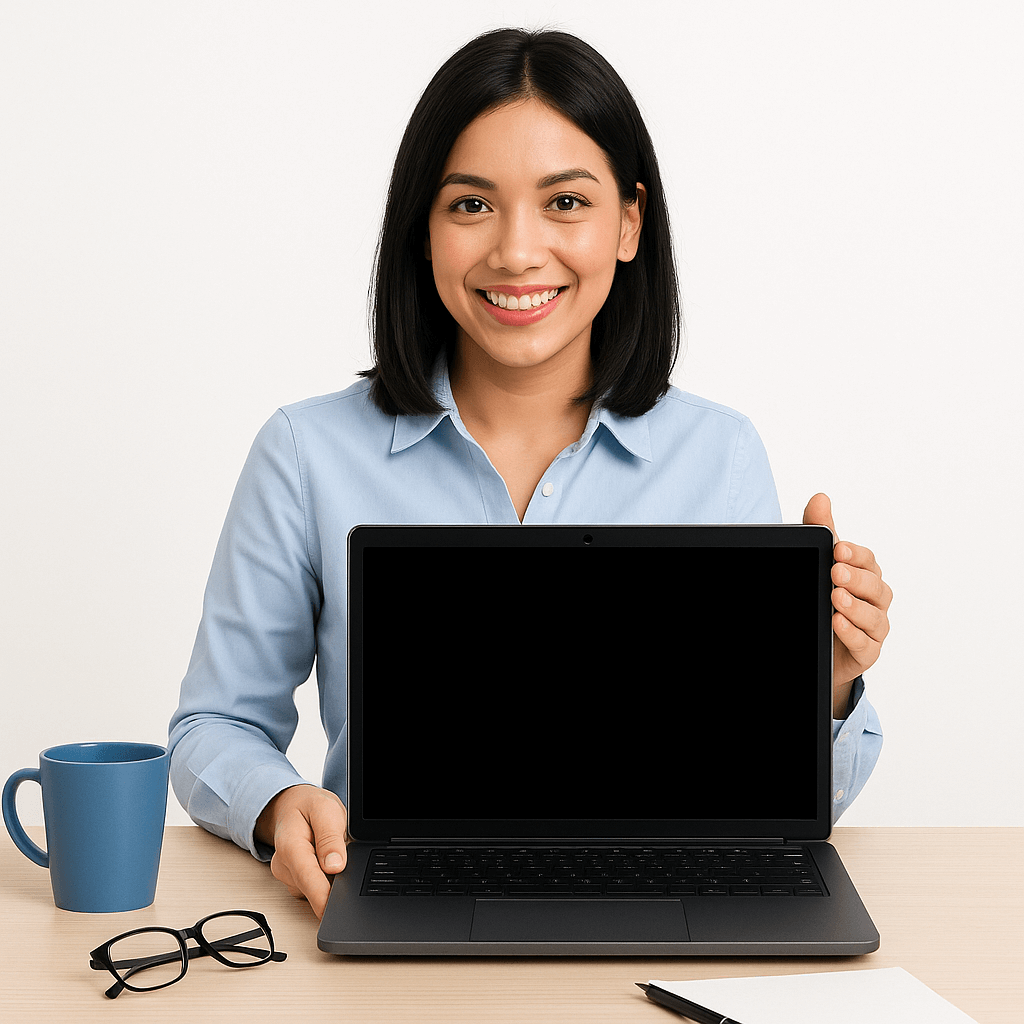 Uśmiechnięta kobieta z czarnymi włosami siedzi przy biurku i prezentuje otwarty laptop z czarnym ekranem, na tle białej ściany.