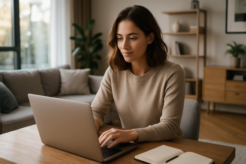 kobieta pracująca przylaptopie w salonie