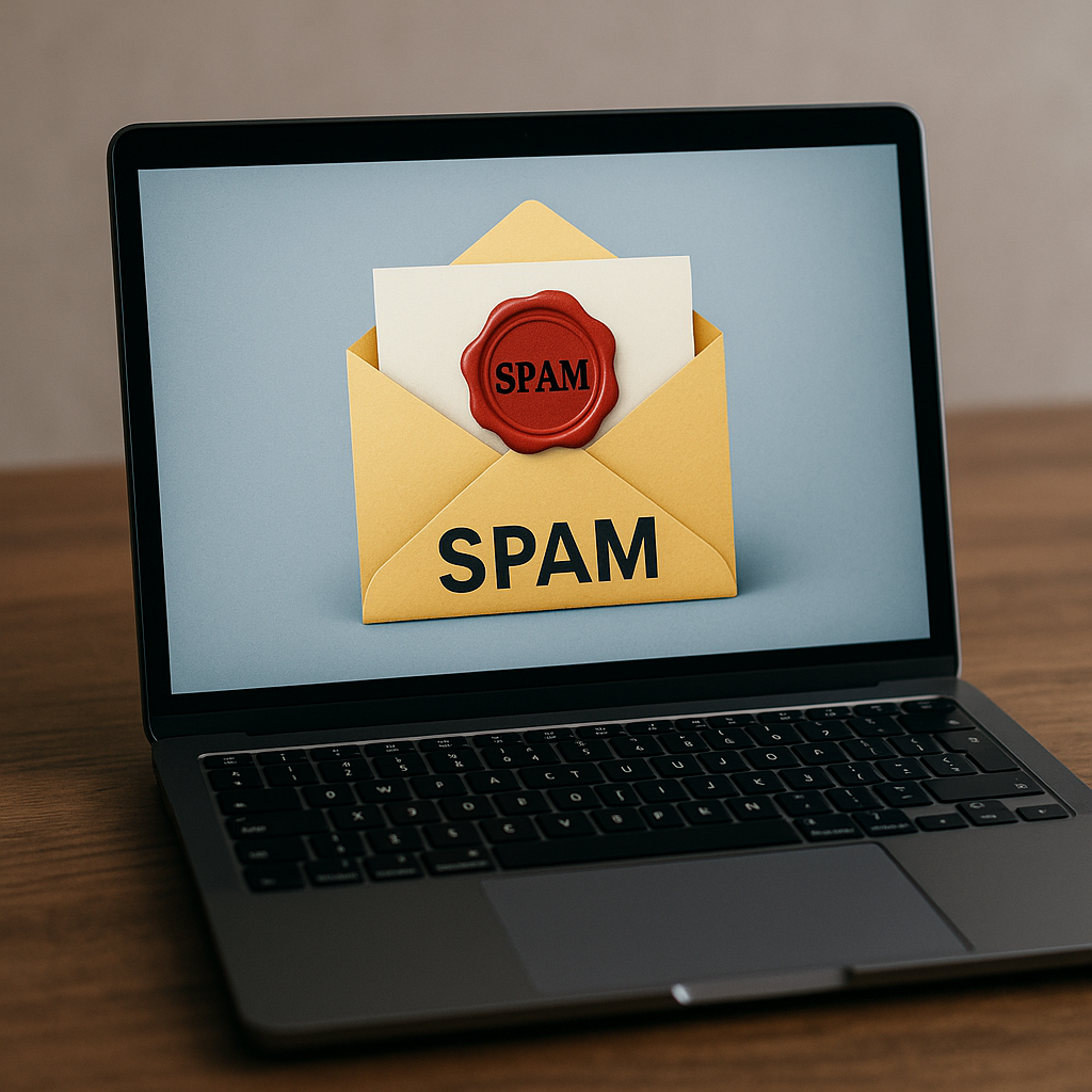 Nowoczesny laptop stojący na drewnianym biurku z ekranem wyświetlającym ilustrację koperty z czerwoną pieczęcią i napisem 'SPAM' – symbolizującą wiadomość e-mail oznaczoną jako niechciana.”