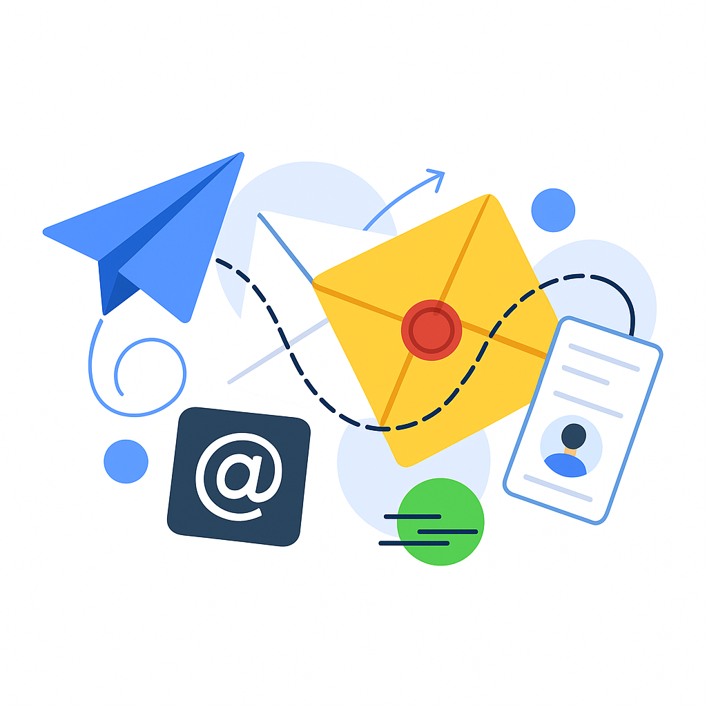 Ilustracja wektorowa przedstawiająca elementy komunikacji elektronicznej: niebieski papierowy samolot, żółtą kopertę z czerwoną pieczęcią, ikonę małpy (@), białą kopertę oraz kartę profilu użytkownika. Elementy połączone przerywaną linią, na tle abstrakcyjnych kształtów i okręgów.